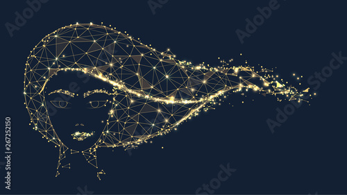 Beauty female face and gold long hair from lines, triangles and particle style design. Illustration vector