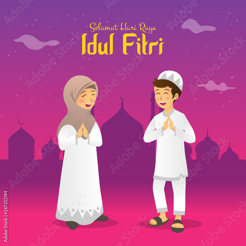 Selamat hari raya Idul Fitri is another language of happy eid mubarak in Indonesian. Cartoon muslim kids celebrating Eid al fitr in the night before Eid
