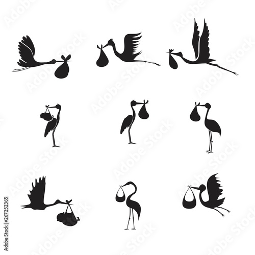 stork and baby set black on white background
