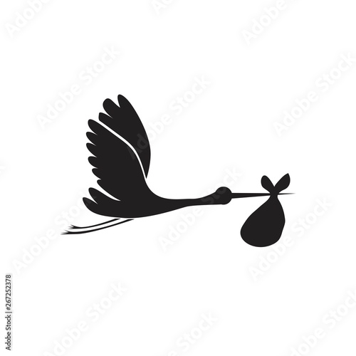 stork and baby black on white background