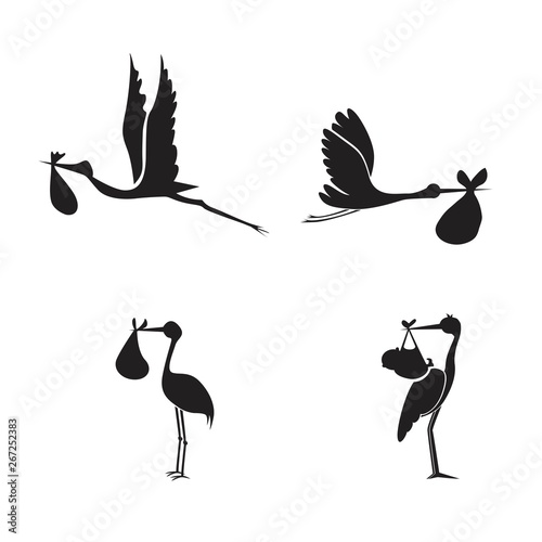 stork and baby set black on white background