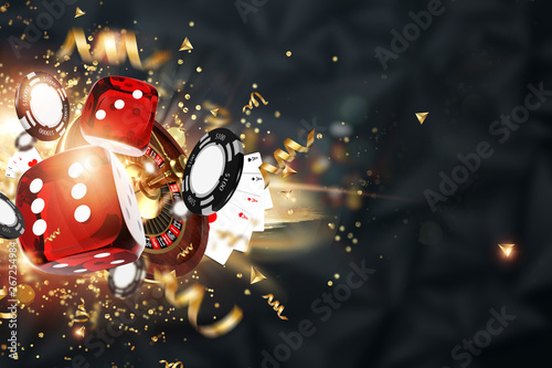 Creative background, gaming dice, cards, casino chips on a dark background. The concept of gambling, casino, winnings, Vegas Games Background. 3D render, 3D illustration