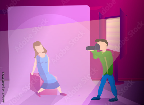 Woman photo session concept banner. Cartoon illustration of woman photo session vector concept banner for web design