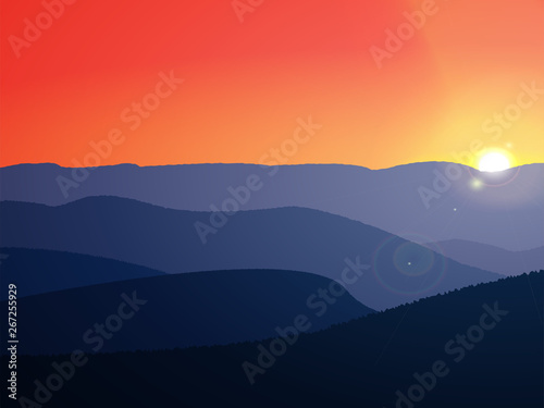 Nature vector background, landscape with mountains and sun