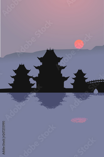 Shinto shrine on sunset background. Vector illustration