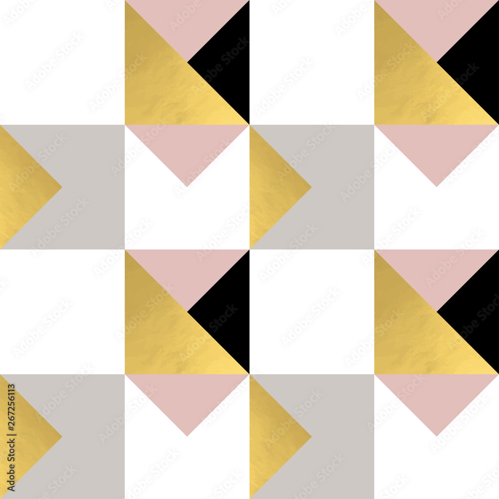 Festive triangle and square geometric shapes background. Abstract mosaic vector seamless pattern in pastel and golden colors. Christmas , new year, carnival, party, celebration wrapping paper concept.