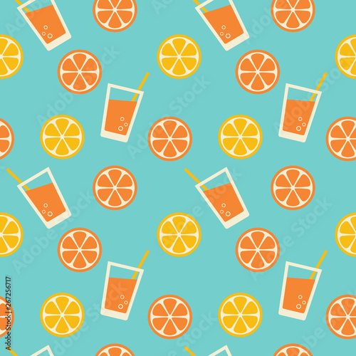 seamless vector pattern with glass of citrus lemonade and lemon and orange slices in retro style