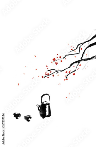 Watercolor black ink wash hand drawn teapot and cups under blossom sakura tree. Sumi-e painting u-sin, go-hua, illustration on white background