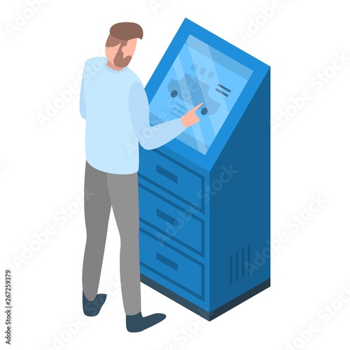 Man check car on monitor icon. Isometric of man check car on monitor vector icon for web design isolated on white background