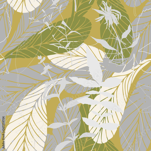 Leaves and flowers background. Vector seamless pattern with hand drawn realis...