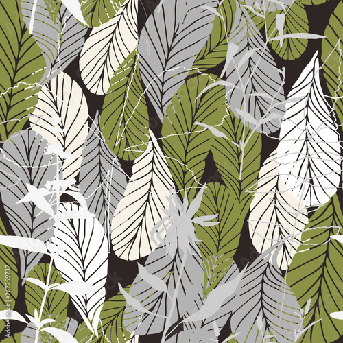 Leaves and flowers background. Vector seamless pattern with hand drawn realis...