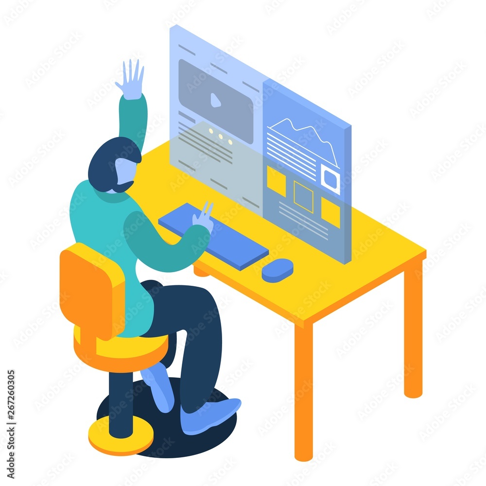 Man working on desktop computer icon. Isometric of man working on desktop computer vector icon for web design isolated on white background Man working on desktop computer icon. Isometric of man working on desktop computer vector icon for web design isolated on white background