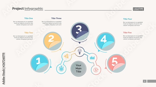 Five circles process chart slide template. Business data. Step, point, design. Creative concept for infographic, presentation, report. Can be used for topics like marketing, finance, production.