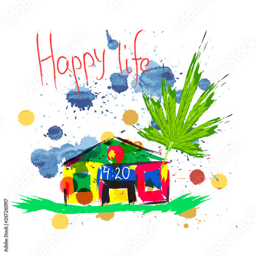 Colorful Cute Cartoon House Weed Farm, Art 420 Background Vector