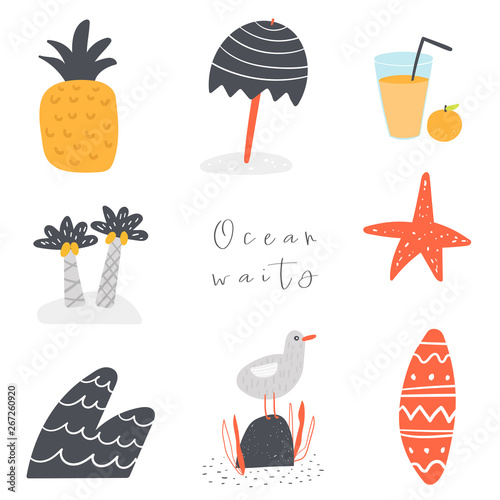 Palm tree, pineapple, juice, sea star, wave, seagull, surf, umbrella background with text space, abstract elements