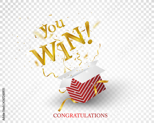 Win text explosion on red box and gold confetti