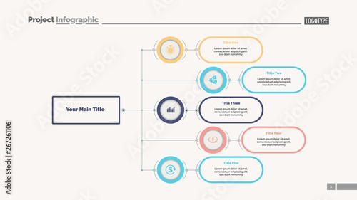 Five options flowchart slide template. Business data. Structure, hierarchy, design. Creative concept for infographic, presentation, report. Can be used for topics like consulting, teamwork, planning.