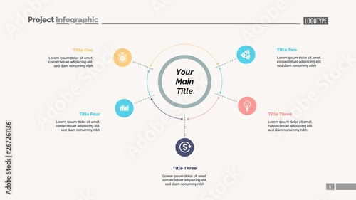 Five options process chart slide template. Business data. Plan, point, design. Creative concept for infographic, presentation, report. Can be used for topics like banking, teamwork, training.