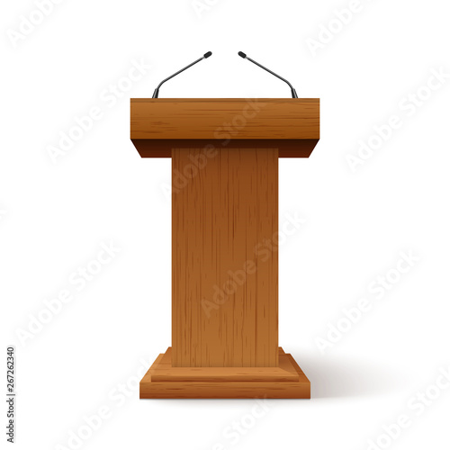 Tribune podium rostrum speech stand. Conference stage with microphone, press or debate speaker isolated orator pulpit
