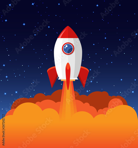 Rocket launch illustration. Product business launch concept design ship vector technology background