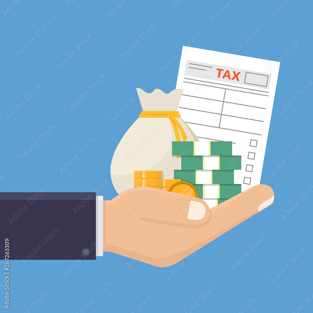 Hand holding tax form and money flat design
