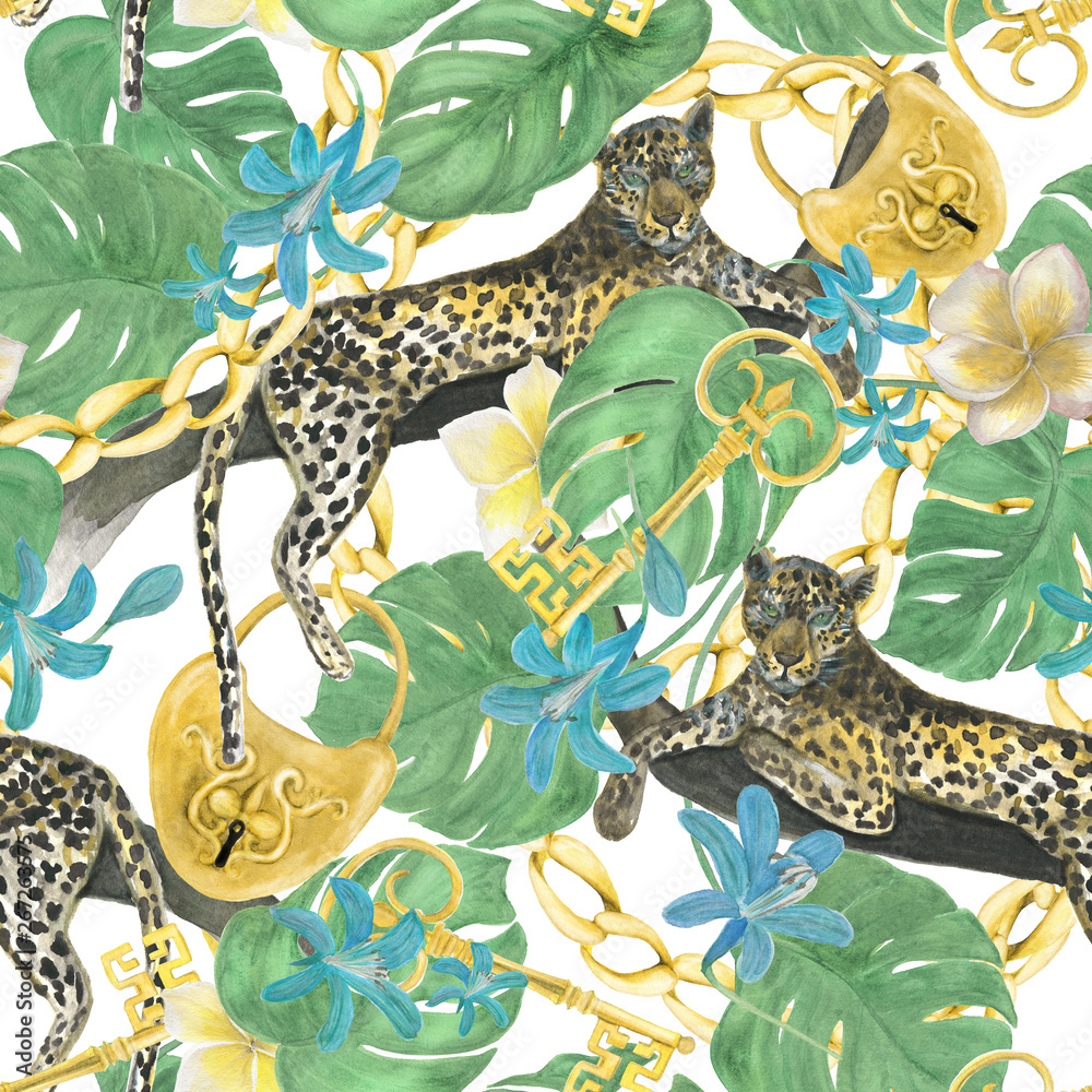 Obraz premium Watercolor painting seamless pattern with leopard, blue exotic flowers ,plumeria , gold chain, key and padlock