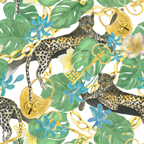 Watercolor painting seamless pattern with leopard, blue exotic flowers ,plumeria , gold chain, key and padlock