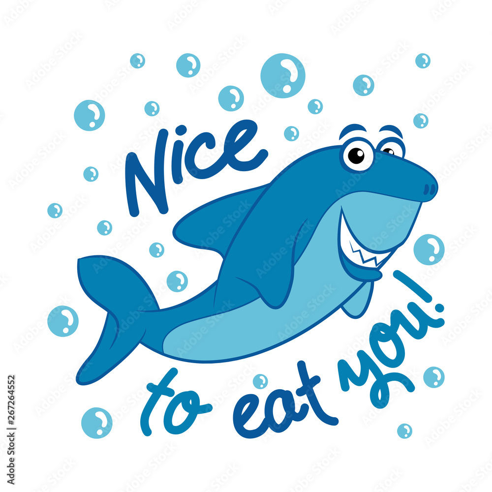 Hello, nice to (M)eat you!' funny vector text quotes and shark drawing.  Lettering poster or t-shirt textile graphic design. / Cute shark character  illustration. Stock Vector | Adobe Stock