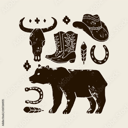 Vector set of hand draw elements of the wild West on a white background.