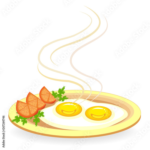 Two fried eggs on a plate. Next to the omelet are pieces of tomato and parsley. Fast and nutritious food. Vector illustration.
