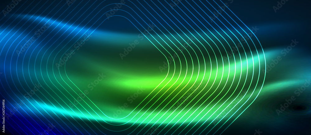 Neon glowing techno lines, hi-tech futuristic abstract background template with square shapes Neon glowing techno lines, hi-tech futuristic abstract background template with square shapes