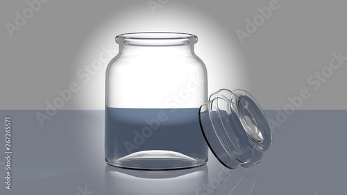 empty glass jar with transparent cap isolated on white backlighted background and blue glass shelf