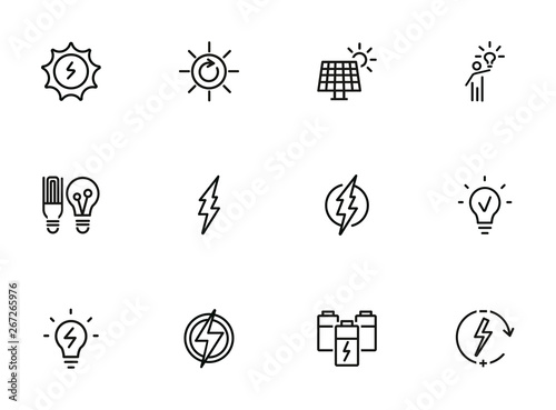 Energy line icon set. Batteries, glowing lightbulb, lightning bolt. Power concept. Can be used for topics like ecology, renewable energy, electricity