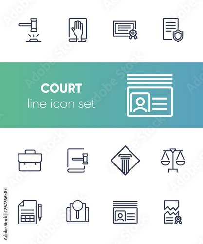 Court line icon set. Gavel, oath, scale. Law concept. Can be used for topics like courthouse, trial, crime