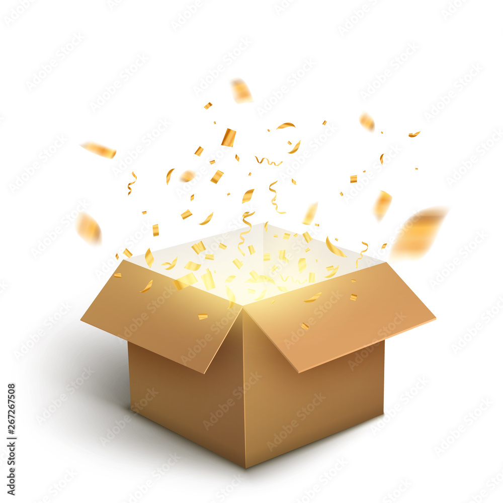 White gift box confetti explosion. Magic open surprise gift box package  decoration Stock Vector