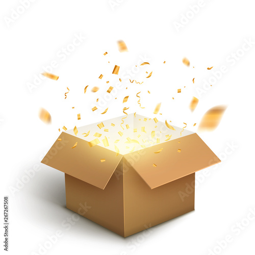White gift box confetti explosion. Magic open surprise gift box package decoration