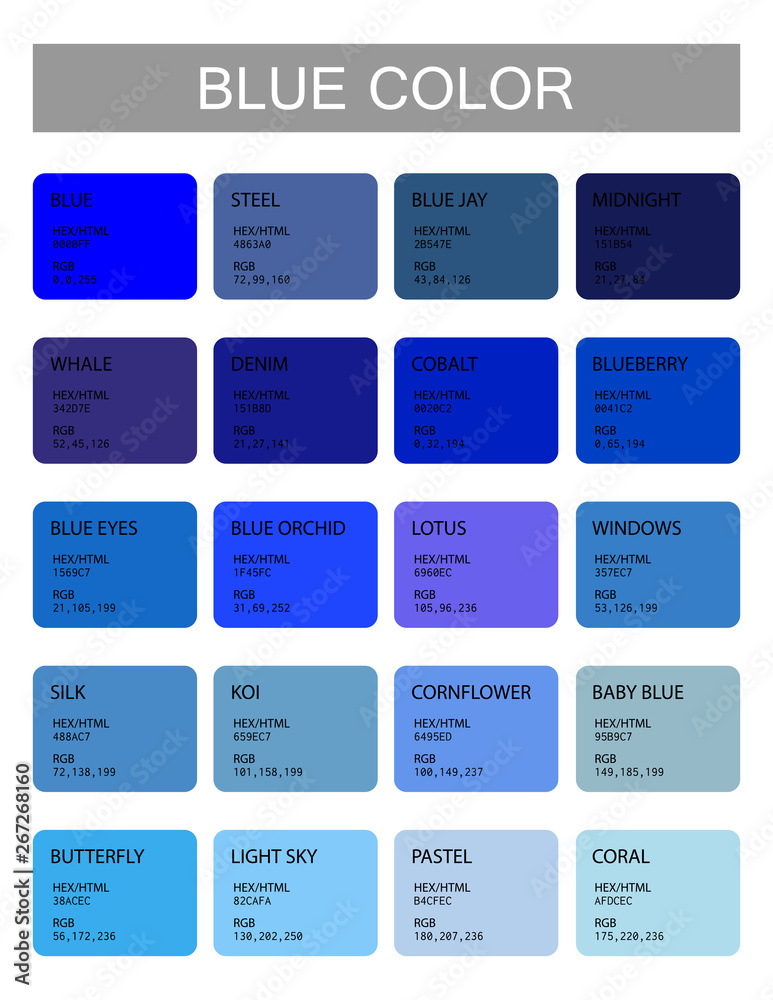 Blue. Color codes and names. Selection of colors for design, interior and illustration. Poster