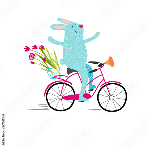 Blue rabbit carries a bouquet of flowers on a Bicycle © Надежда Пехова