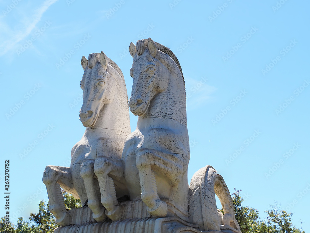 Horse sculptures in the garden of Belem in Lisbon, Mosteiro dos Jeronimos