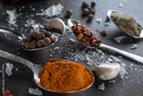 Colorful spices in spoons on dark background 