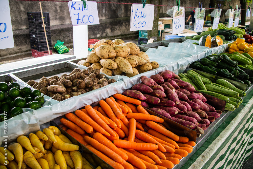 Barraca de feira livre no Brasil vendendo varios legumes.