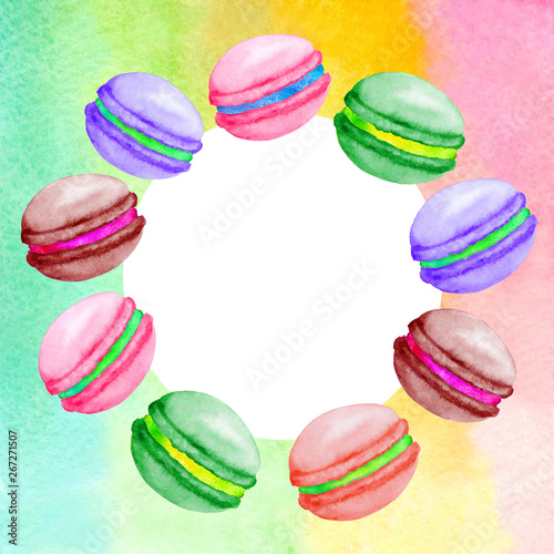 Round rainbow frame with colorful macaroons. Hand-drawn watercolor illustration