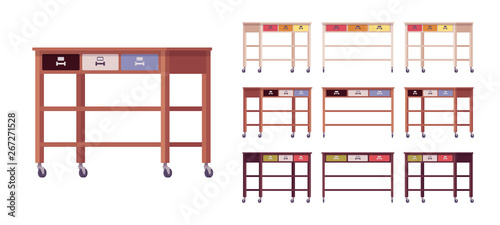 Kitchen rolling table, serving cart. Home furniture for cooking utensils or food storage, wheels for easy transport. Vector flat style cartoon illustration isolated on white background, different view