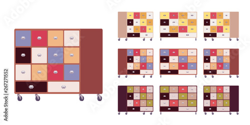 Kitchen cabinet storage cart. Compact rolling furniture equipped with box containers, multi-use home workspace. Vector flat style cartoon illustration isolated, white background, different view, color