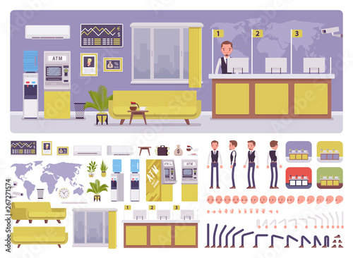 Bank office room and male manager creation kit, worker in financial business center set with furniture, constructor elements to build own interior design. Cartoon flat style infographic illustration © andrew_rybalko