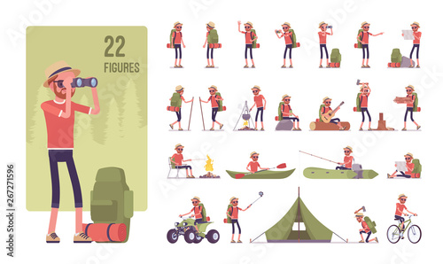 Hiking man character set. Male active tourist with backpacking gear, wearing travel clothes for outdoor sporting, camping leisure activity. Full length, different views, gestures, emotions and poses