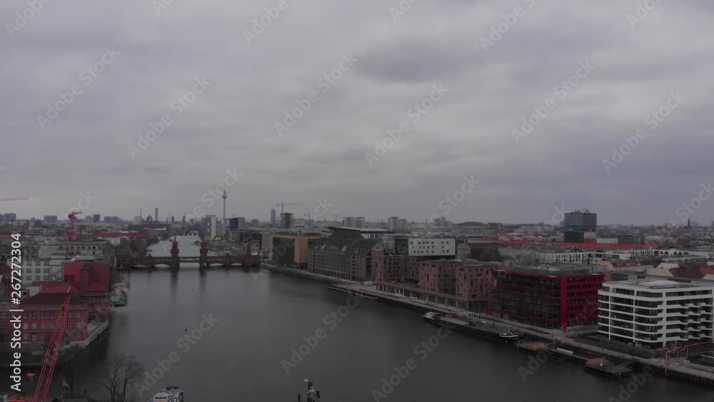 Spree river and Oberbaum bridge in Berlin aerial footage Spree river and Oberbaum bridge in Berlin aerial footage