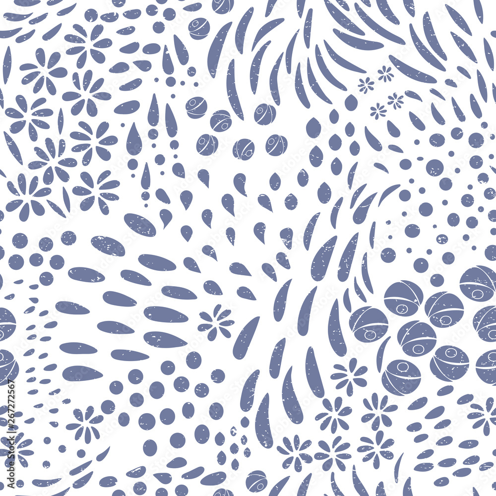 Leaves, flowers and stylized floral elements background. Vector seamless abstract ditsy pattern with botanical motiffs. - obrazy, fototapety, plakaty 