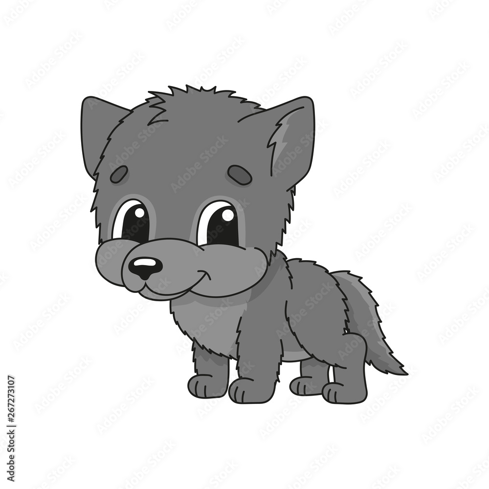 Gray wolf. Cute character. Colorful vector illustration. Cartoon style. Isolated on white background. Design element. Template for your design, books, stickers, cards, posters, clothes.
