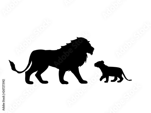 Lion and lion cub predator black silhouette animal. Vector Illustrator.